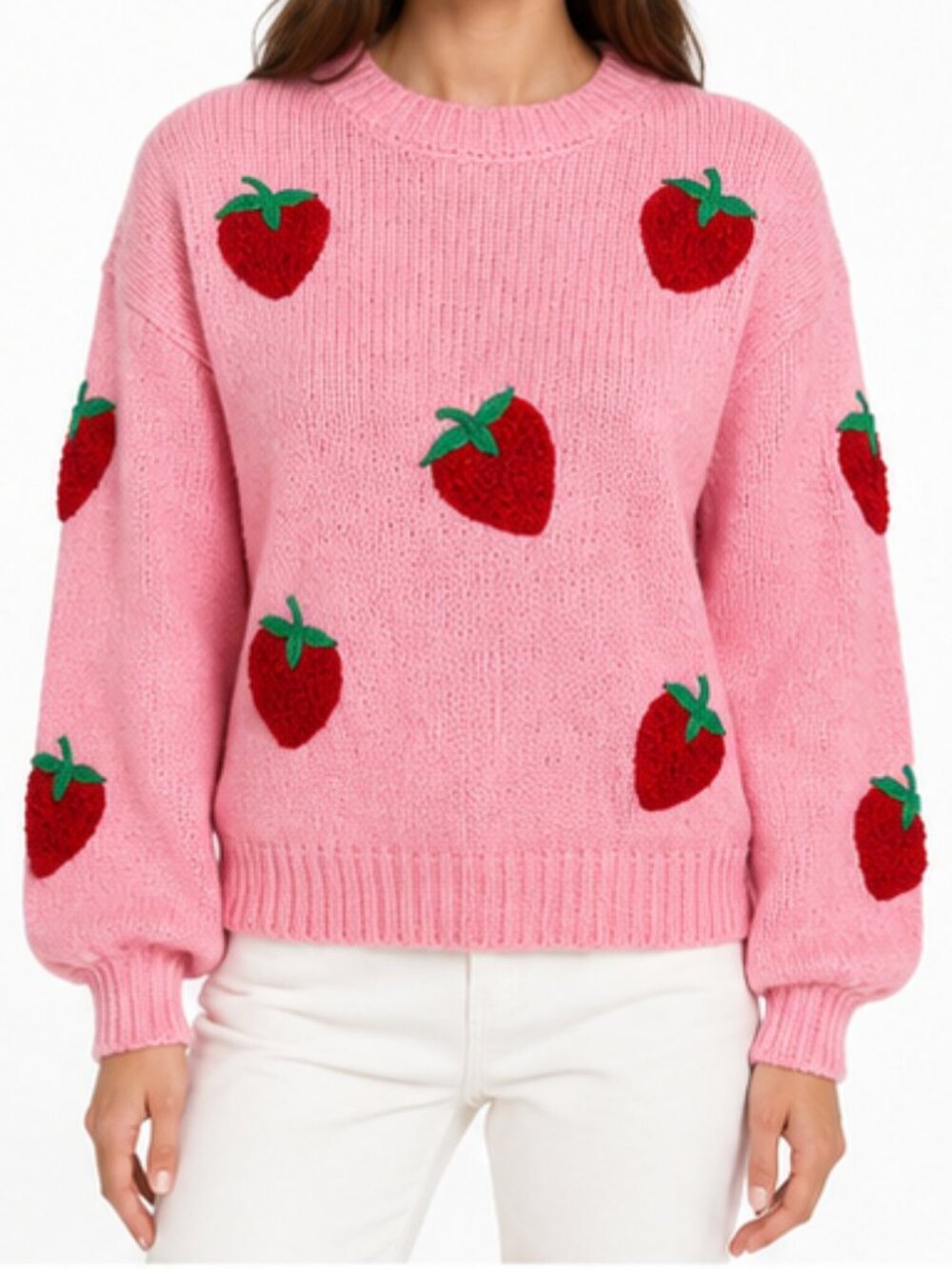 Fuzzy Strawberry Patches Pink Sweater - Picture 2 of 6